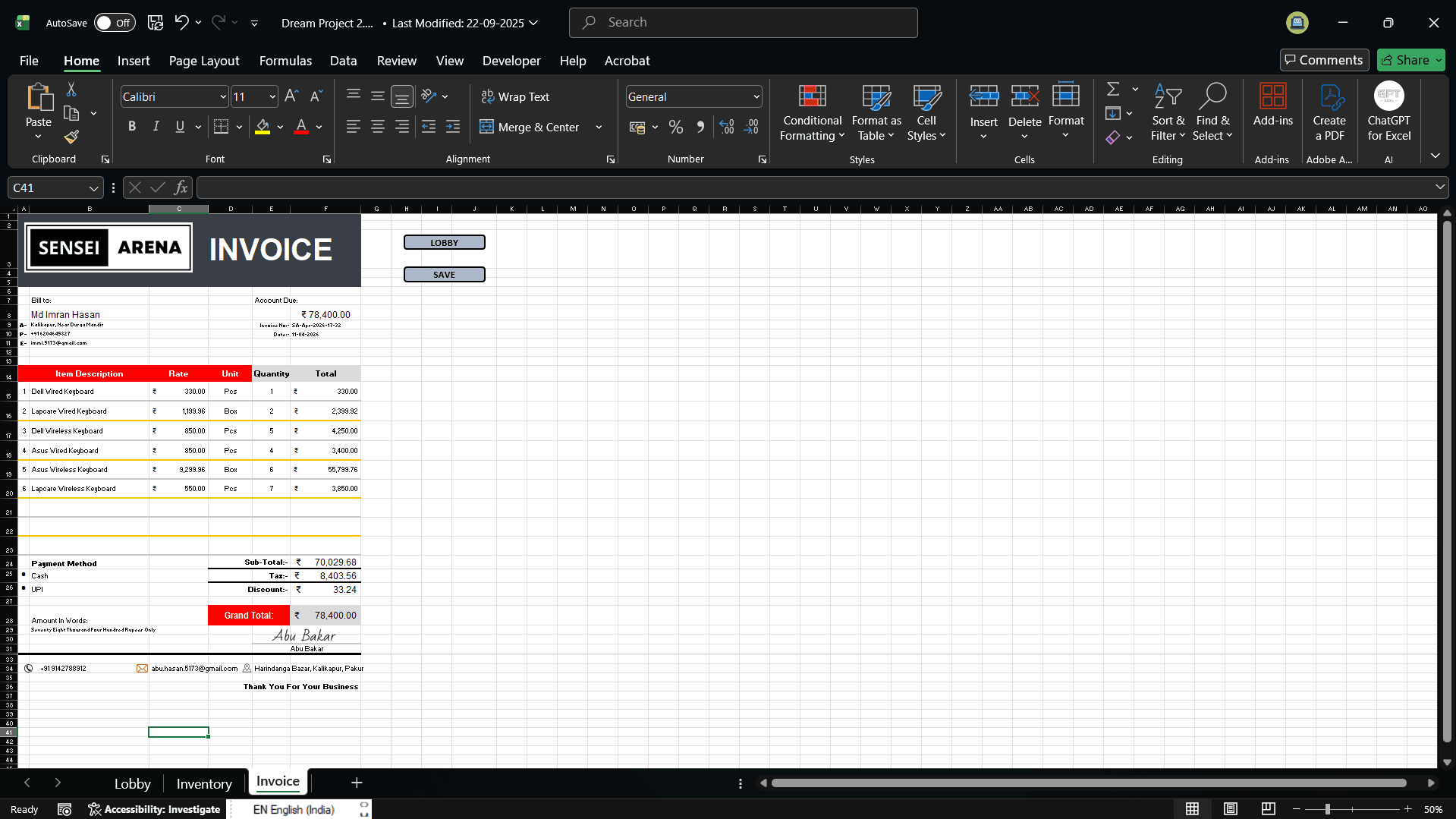 The actual invoice it generated