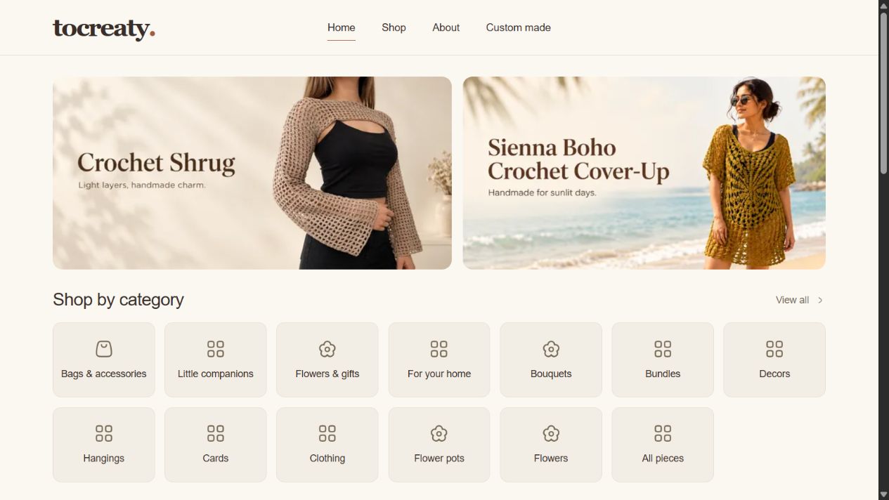 Tocreaty storefront with hero banners, category links and product cards